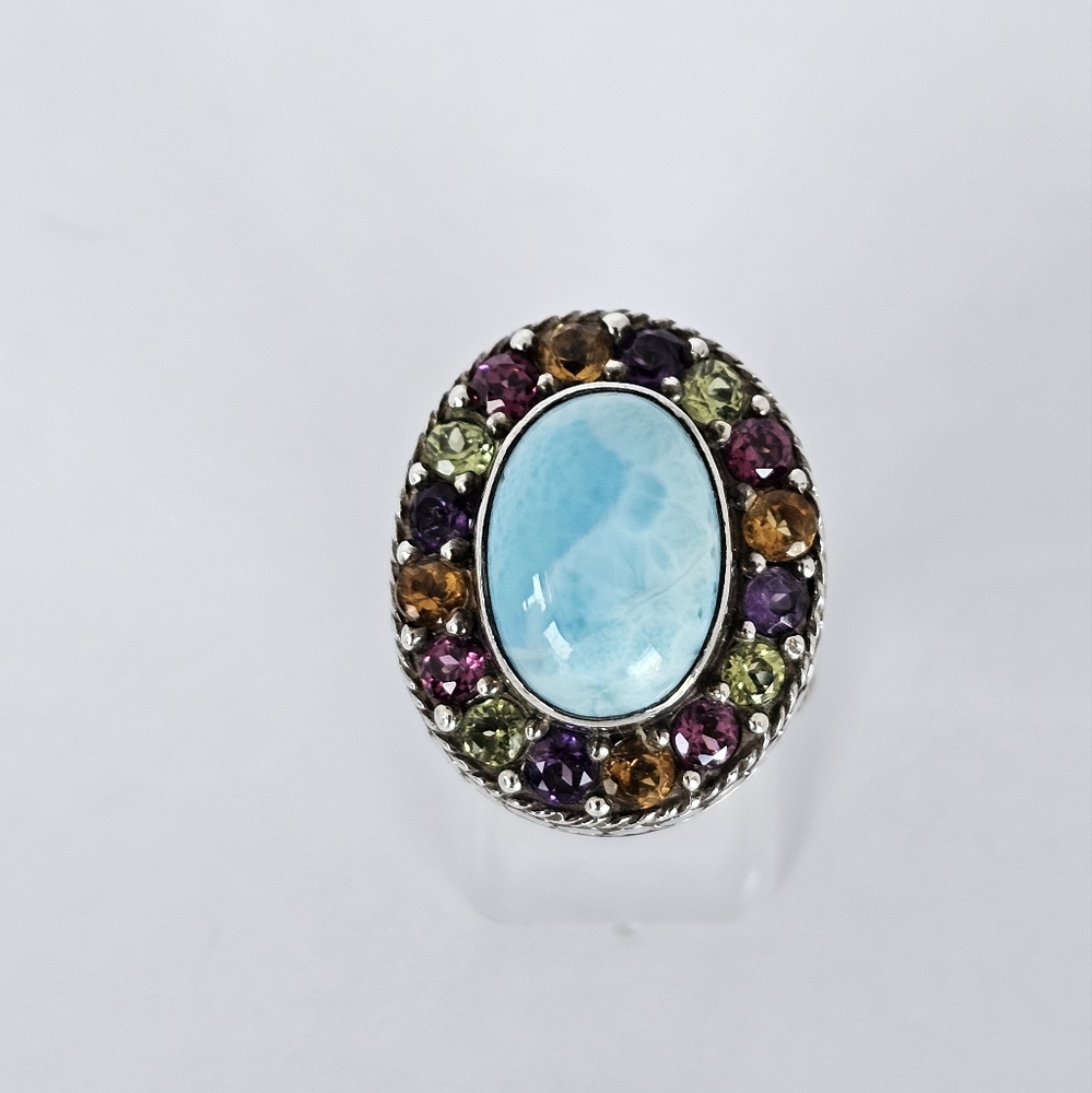 Artisan Crafted Natural Larimar & Multicolor Tourmaline 💍 Sterling Silver Sz 7. - Picture 7 of 12